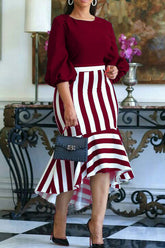 Vestido de sirena azul real y blanco de moda, corte alto y bajo